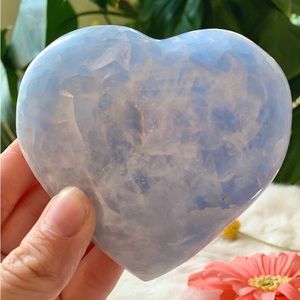 Natural Blue Calcite Polished Heart Milky Lines and Natural Patterns Crystal